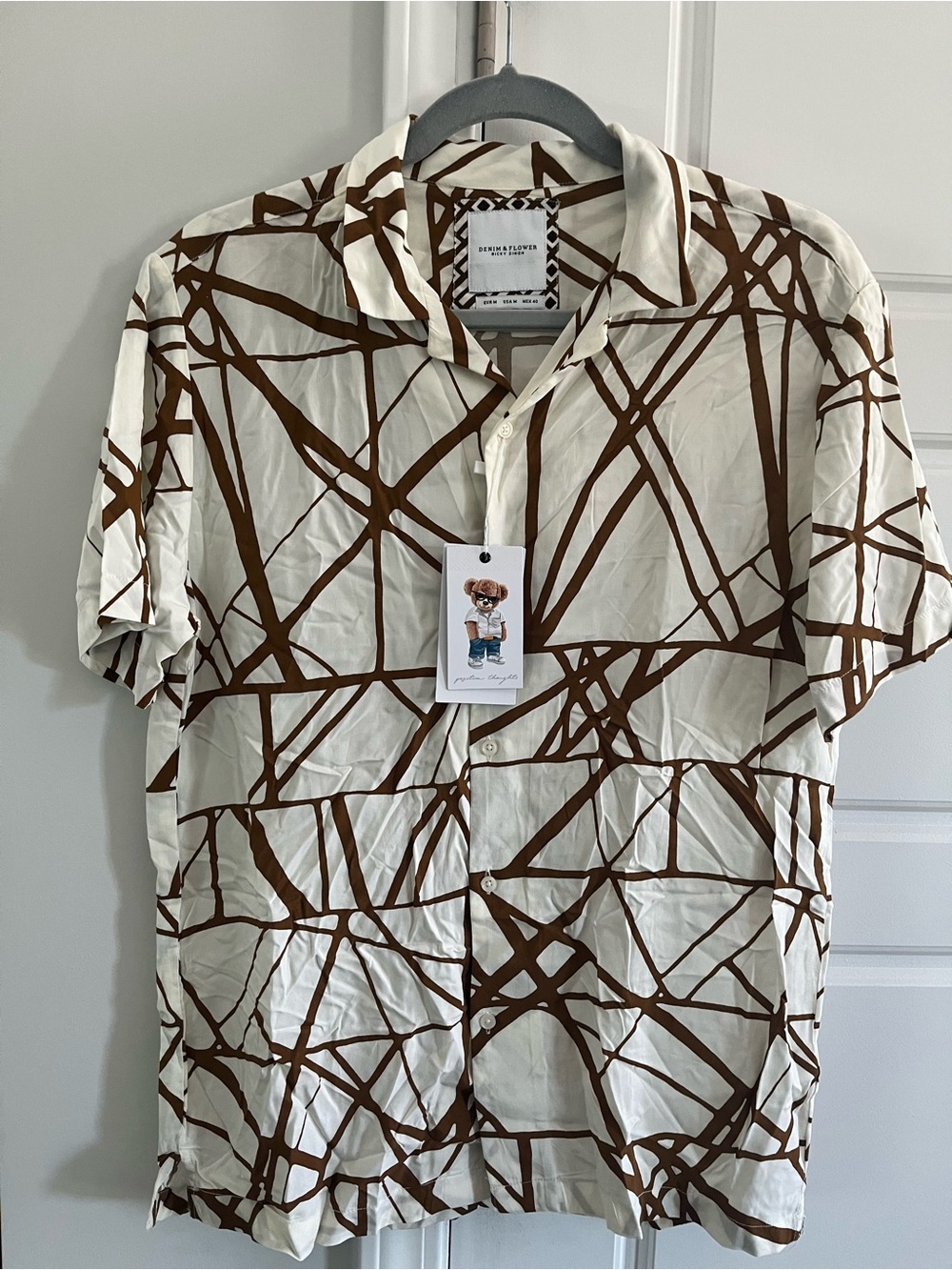 Denim & Flower Cream Short Sleeve Shirt with Brown Abstract Lines